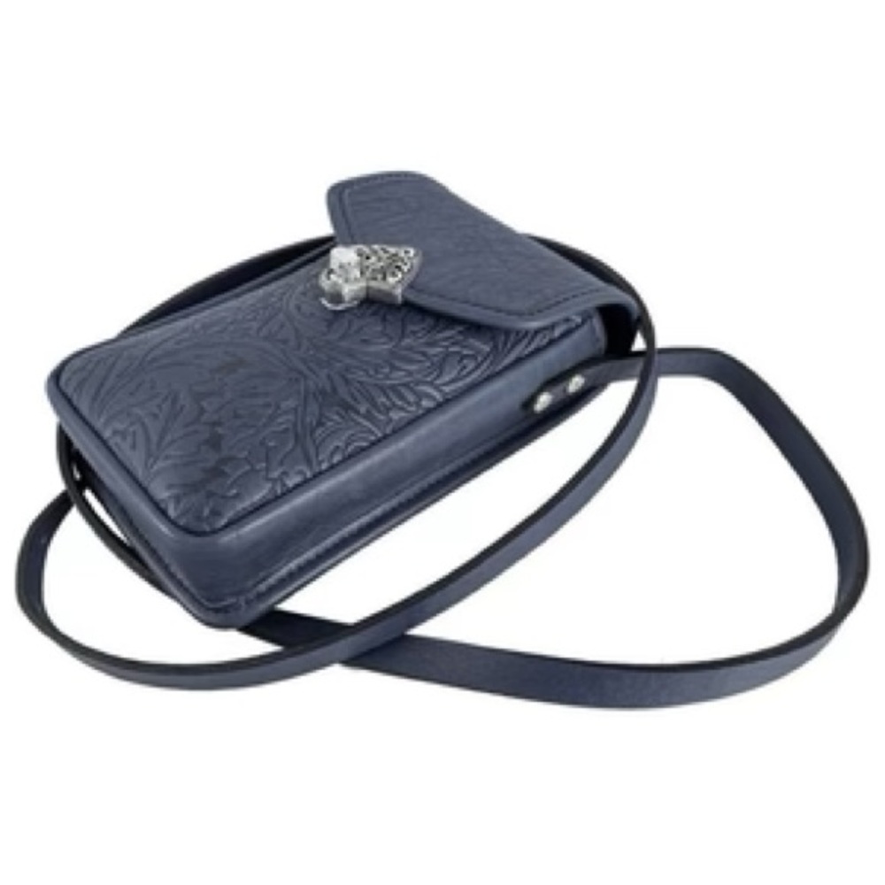 Oberon Design Leather Molly Cell Phone Handbag, Embossed Acanthus Leaf Navy